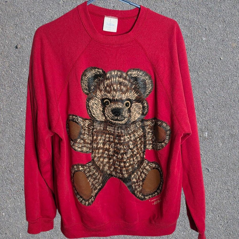 VTG RD Foster Tultex Kitschy Teddy Bear Sweater With 3D Nose & Eyes, sz XL